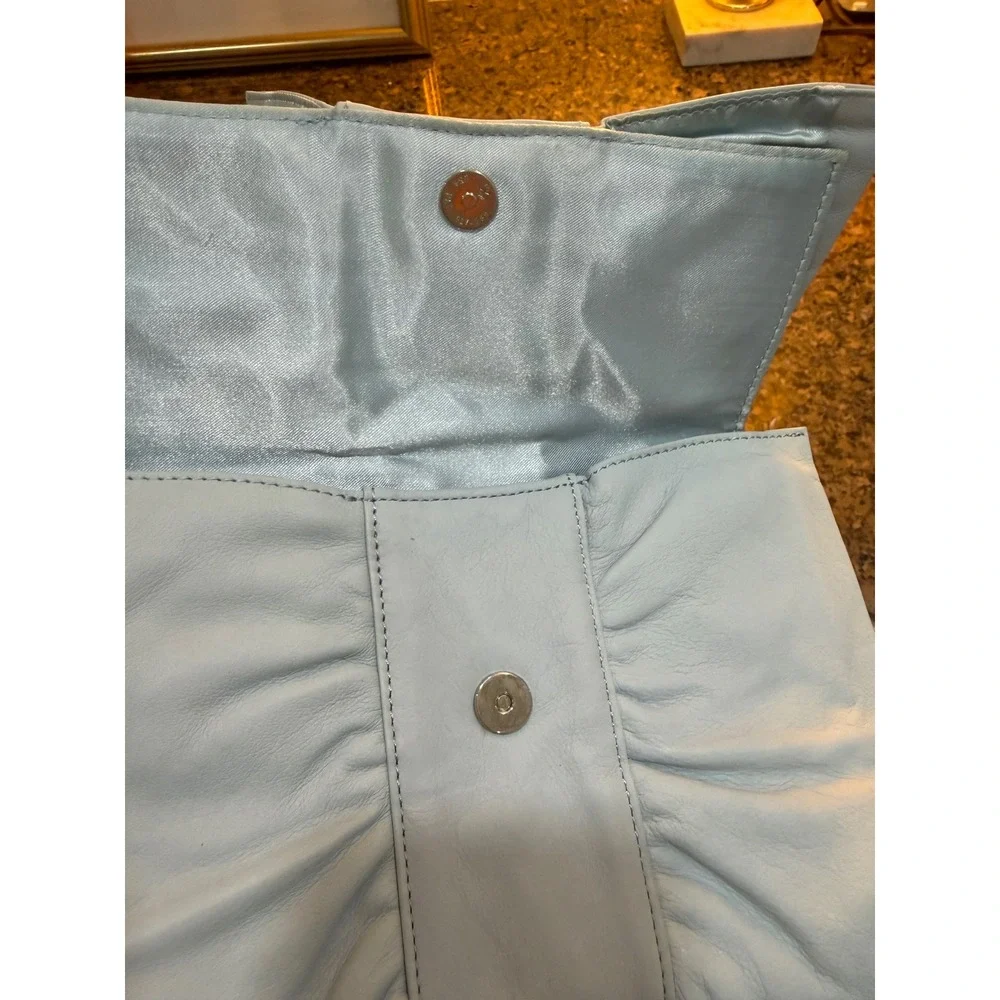 Banana Republic Light Blue Leather Bow Clutch Rhinestone Buckle Evening Bag